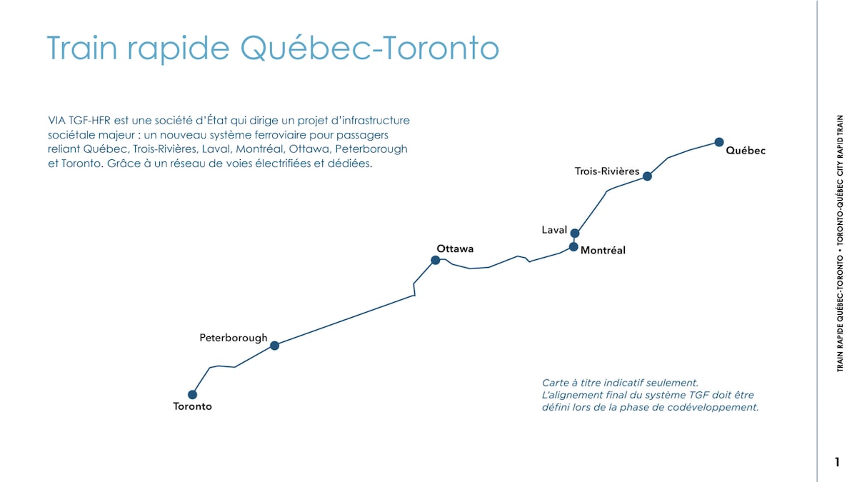 Tracé exploratoire (non définitif) des villes qui seraient desservies par le futur TGV canadien.