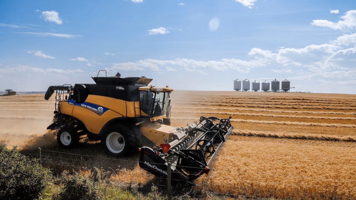 Un tracteur dans un champ de blé. Au loin, des silos à grains.