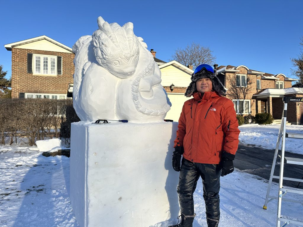 Steven Zhang, Fariha Naqvi-Mohamed, CityNews Montreal, CityNews, DiverseCity, Kirkland, Quebec, ice sculpture